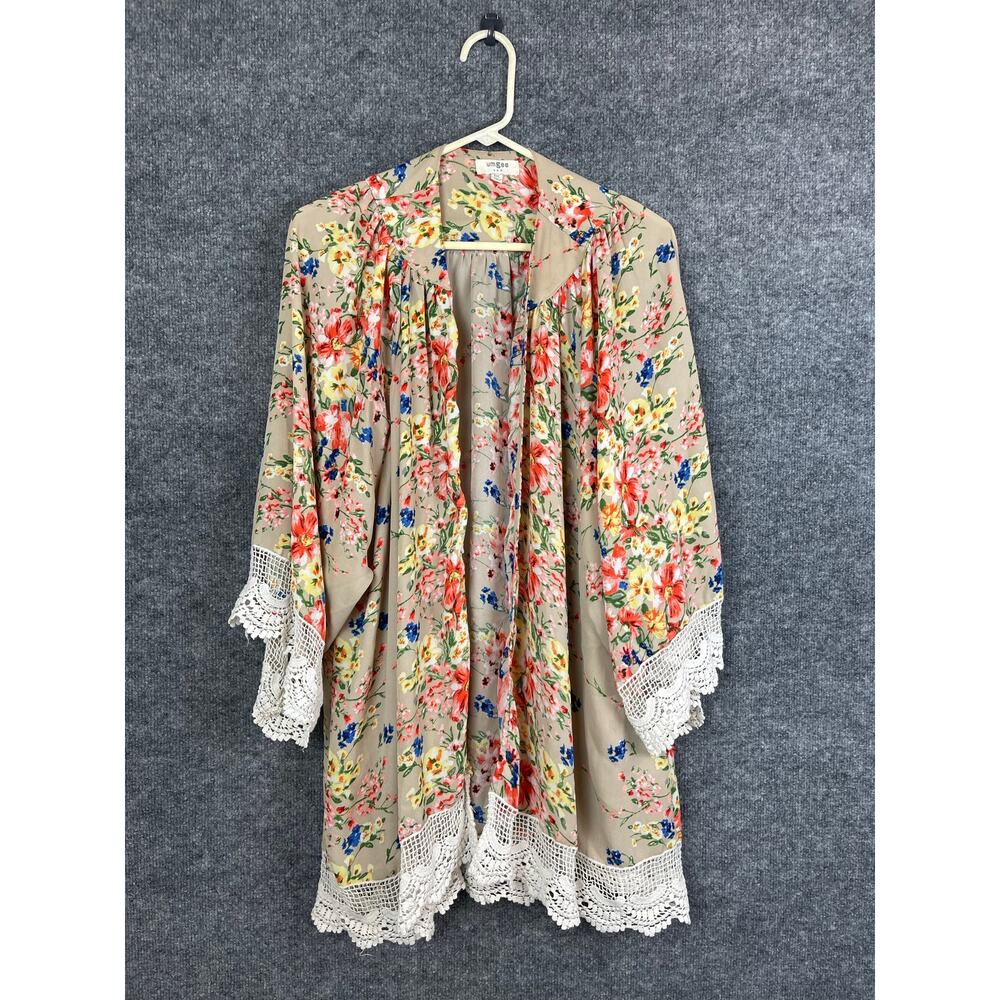 Umgee Tan Floral Lace Trimmed Kimono/ M/L Multi Colors